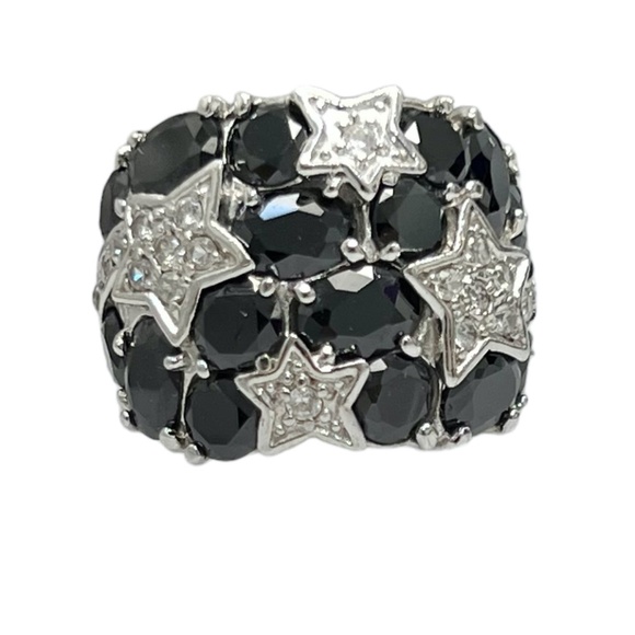 STERLING SILVER BLACK & CLEAR CRYSTALS NIGHT SKY WITH STARS COCKTAIL RING SIZE 7 - Picture 1 of 16